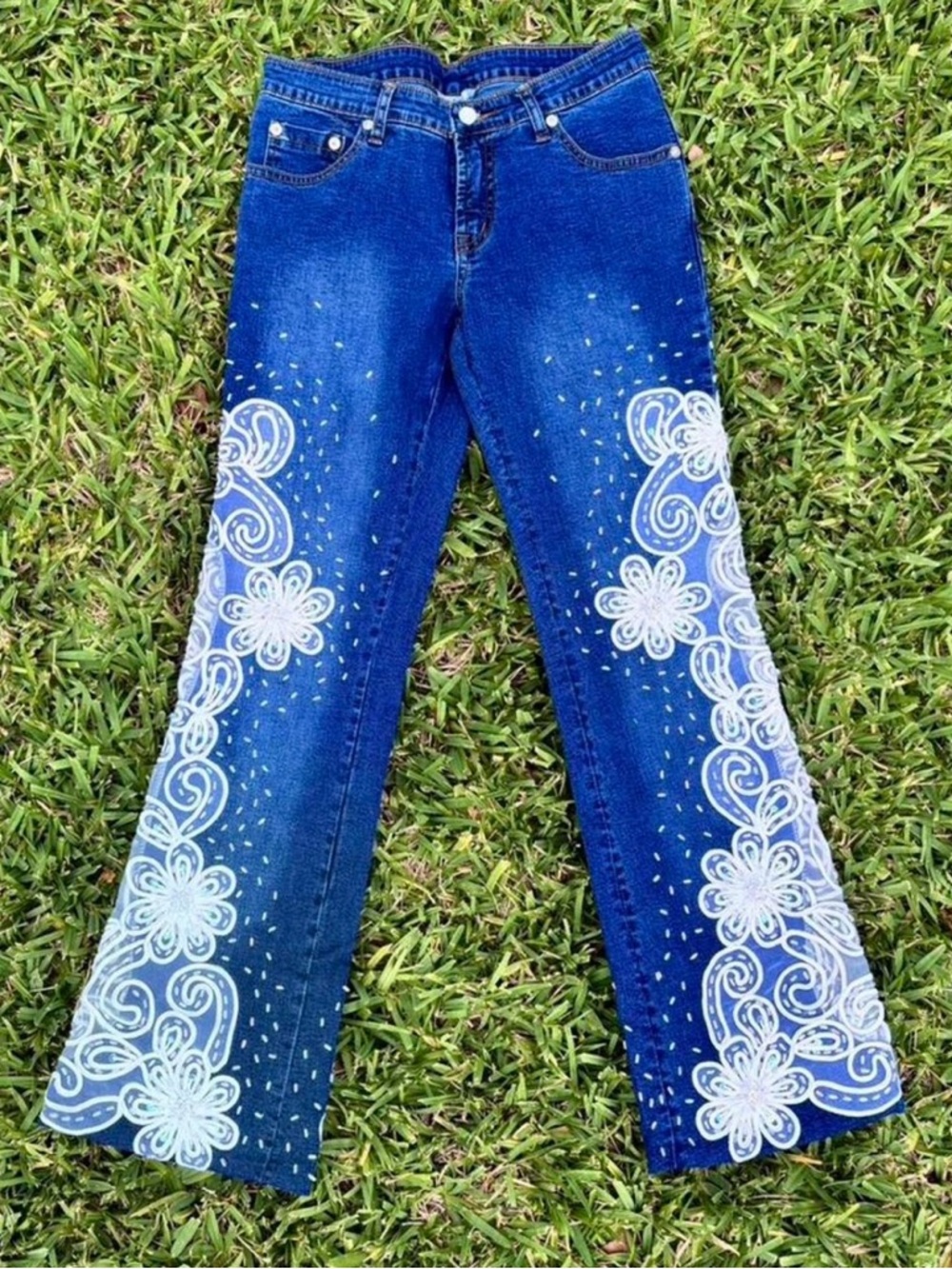 Women's Bootcut Jeans with White Floral Embroidery